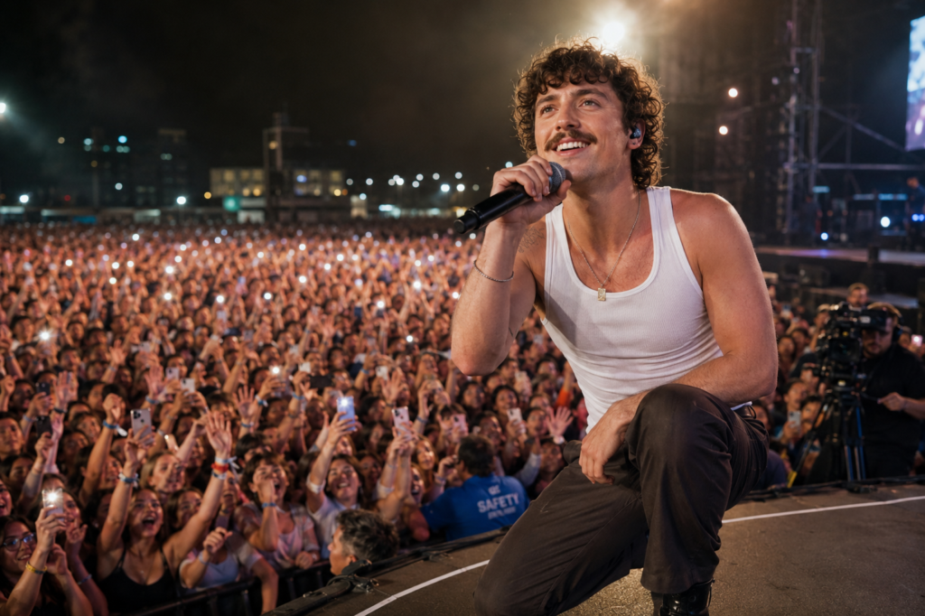 Benson Boone performing before thousands of fans at a large music festival, bright stage lights, emotional atmosphere, realistic concert photography, detailed audience reactions, premium entertainment style