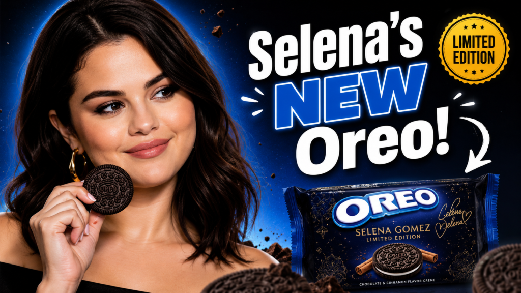 Selena Gomez smiling beside the limited edition Oreo cookie package