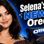 Selena Gomez smiling beside the limited edition Oreo cookie package