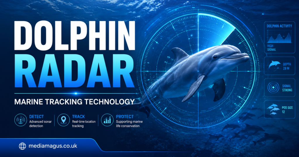 Dolphin Radar marine tracking technology showing a dolphin with futuristic radar interface underwater for wildlife monitoring and conservation.