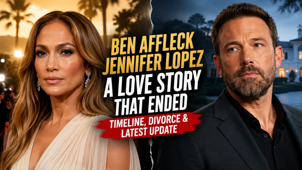Entertainment-news graphic with separate portraits of a woman and man beside the headline “Ben Affleck Jennifer Lopez: A Love Story That Ended,” covering their timeline, divorce and latest update