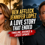Entertainment-news graphic with separate portraits of a woman and man beside the headline “Ben Affleck Jennifer Lopez: A Love Story That Ended,” covering their timeline, divorce and latest update