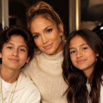 Jennifer Lopez with her twins Max and Emme in a warm family setting, showing the singer and actress with her children