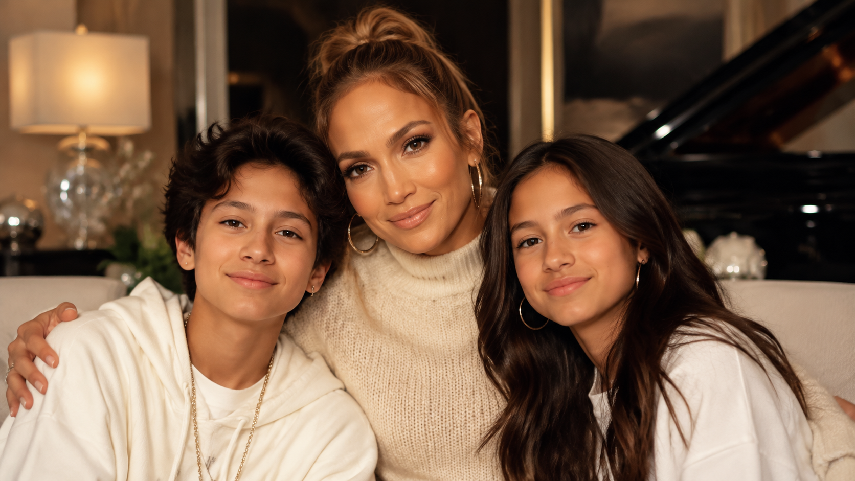 Jennifer Lopez with her twins Max and Emme in a warm family setting, showing the singer and actress with her children