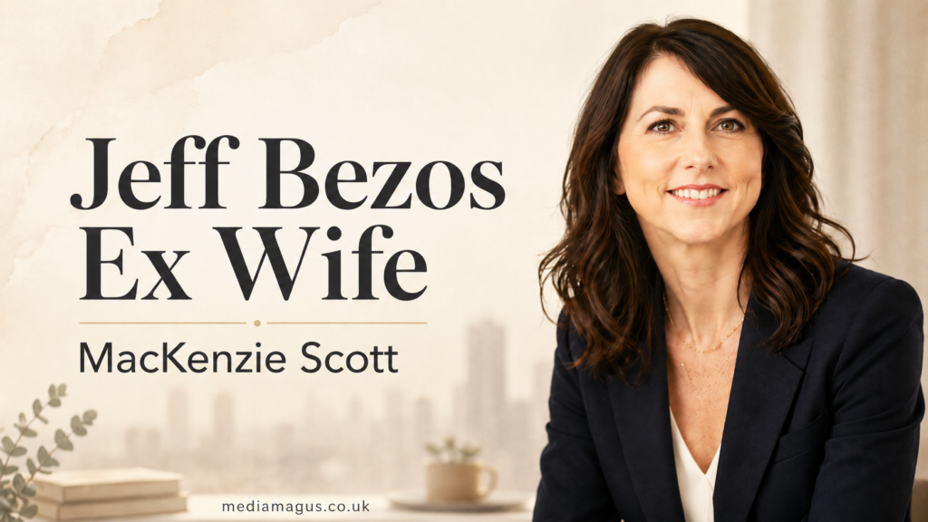 Professional portrait-style blog image of MacKenzie Scott with the text “Jeff Bezos Ex Wife” and “MacKenzie Scott,” designed for an informational article about her life, divorce, net worth, and philanthropy.
