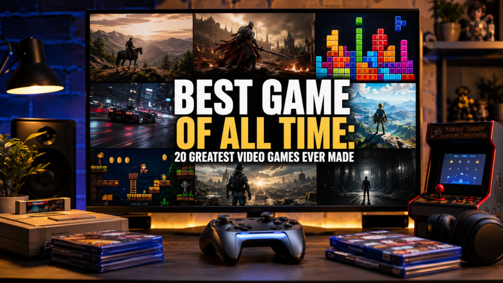 Best game of all time featured image showing a premium gaming setup and diverse video game experiences