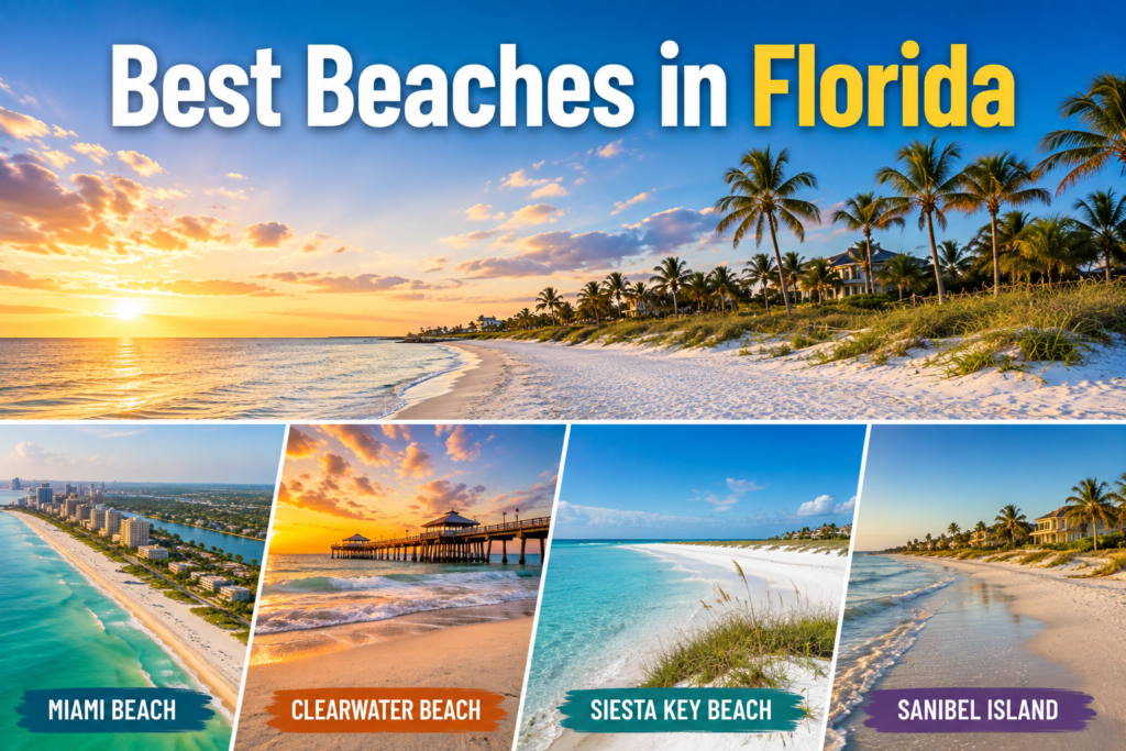 White sand Gulf Coast beach in Florida at sunset, representing the best beaches in Florida guide