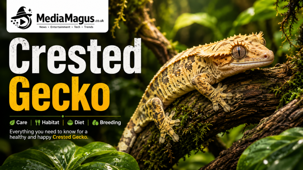 Crested gecko perched on a branch in a lush tropical enclosure
