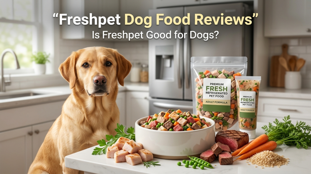 Freshpet dog food reviews showing a healthy dog beside a bowl of fresh refrigerated dog food