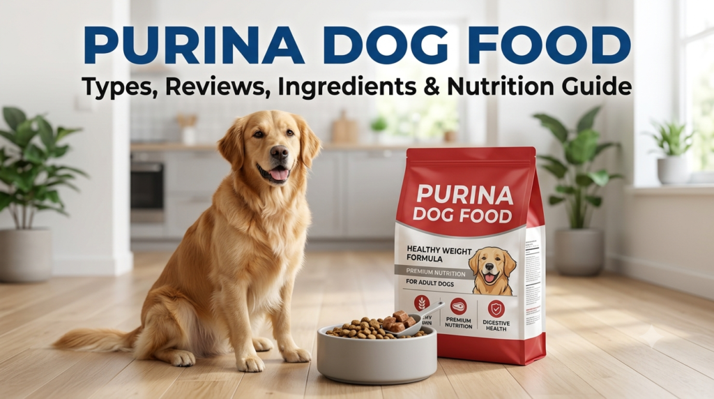 Purina dog food guide featuring a healthy golden retriever beside a dog food bowl and pet nutrition products