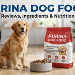 Purina dog food guide featuring a healthy golden retriever beside a dog food bowl and pet nutrition products
