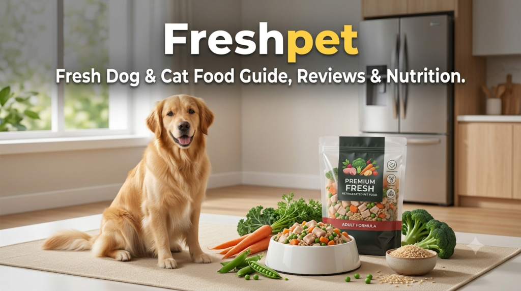 Freshpet fresh refrigerated dog food with a healthy dog and fresh ingredients